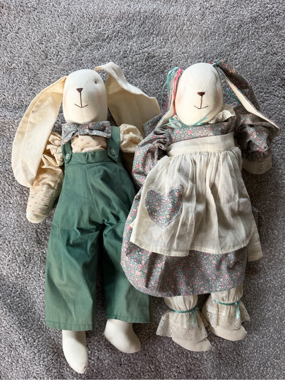 Plush Bunny Doll Pair in Cream and Green - Floral Dress & Overalls